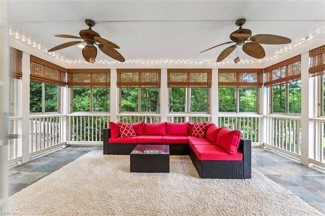 107 Gullane, Williamsburg, VA 23188 - sunroom / solarium with a ceiling fan, stone tile flooring, and plenty of natural light