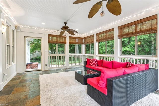 107 Gullane, Williamsburg, VA 23188 - sunroom featuring a ceiling fan and outdoor lounge area