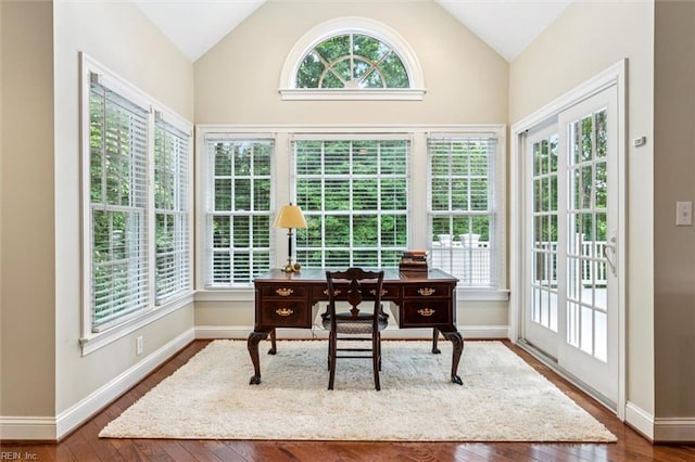 107 Gullane, Williamsburg, VA 23188 - office featuring vaulted ceiling, dark wood-style floors, and baseboards