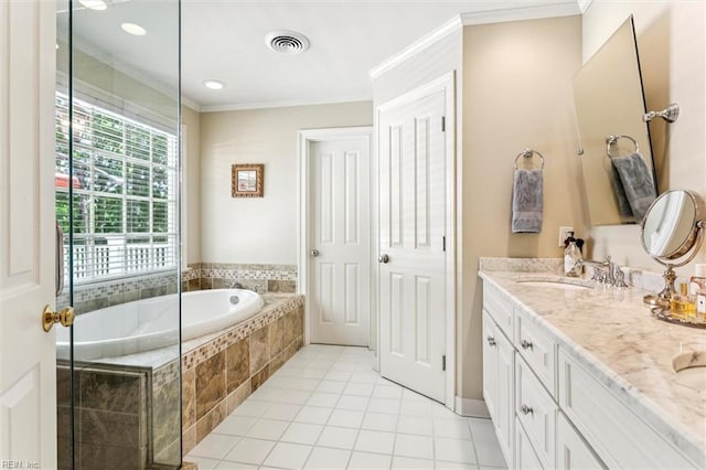 107 Gullane, Williamsburg, VA 23188 - bathroom featuring ornamental molding, a bath, double vanity, and tile patterned floors