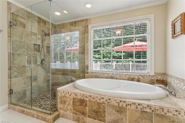 107 Gullane, Williamsburg, VA 23188 - full bathroom with a garden tub, a stall shower, crown molding, healthy amount of natural light, and recessed lighting