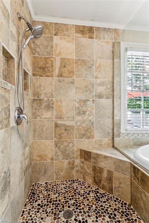 107 Gullane, Williamsburg, VA 23188 - bathroom with crown molding, a tile shower, and a garden tub