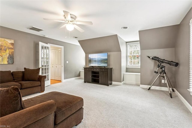 107 Gullane, Williamsburg, VA 23188 - living room with a ceiling fan, baseboards, carpet, and vaulted ceiling
