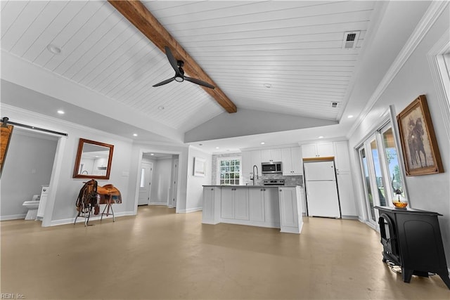 2652 Benefit Rd, Chesapeake, VA 23322 - living room with a barn door, finished concrete flooring, recessed lighting, a wood stove, and ceiling fan