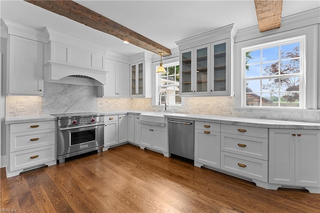 2652 Benefit Rd, Chesapeake, VA 23322 - kitchen featuring appliances with stainless steel finishes, beamed ceiling, white cabinetry, backsplash, and dark wood-style floors