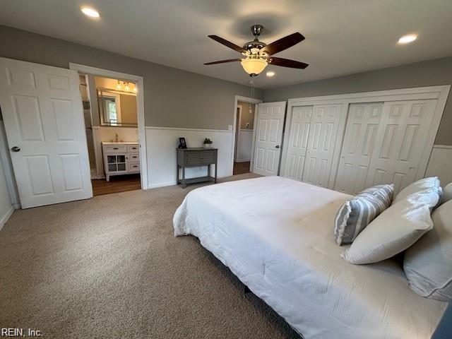 913 B St, Virginia Beach, VA 23451 - carpeted bedroom featuring a closet, ensuite bathroom, recessed lighting, ceiling fan, and baseboards