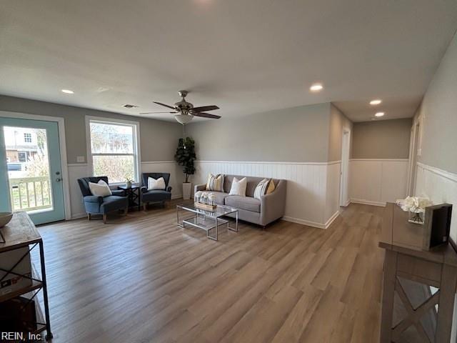 913 B St, Virginia Beach, VA 23451 - living room with wood finished floors, a wainscoted wall, a ceiling fan, and recessed lighting