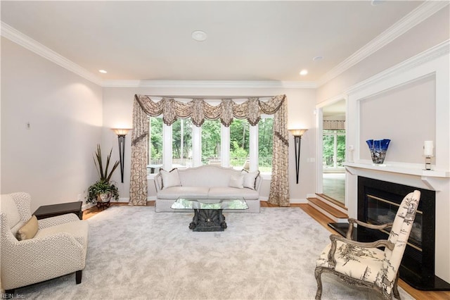 5225 Regatta Pointe Rd, Suffolk, VA 23435 - living area with crown molding, baseboards, wood finished floors, a glass covered fireplace, and recessed lighting