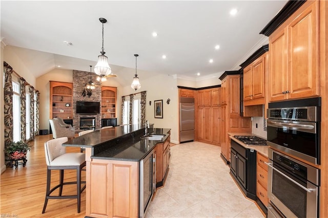 5225 Regatta Pointe Rd, Suffolk, VA 23435 - kitchen featuring appliances with stainless steel finishes, a sink, a large fireplace, a breakfast bar area, and open floor plan