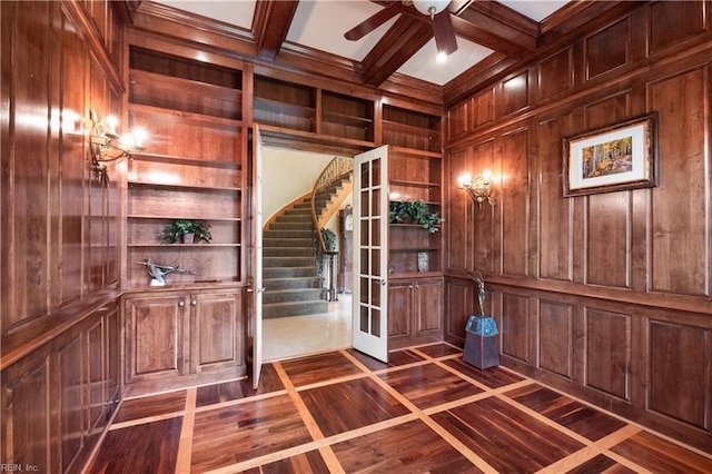 5225 Regatta Pointe Rd, Suffolk, VA 23435 - mudroom featuring wooden walls, ceiling fan, beamed ceiling, coffered ceiling, and dark wood-style floors