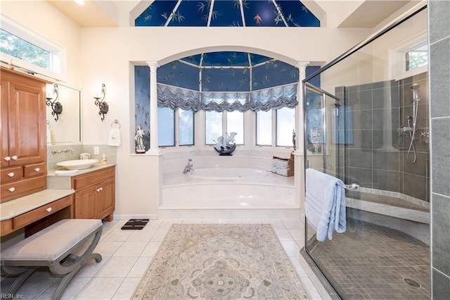 5225 Regatta Pointe Rd, Suffolk, VA 23435 - full bathroom with a garden tub, vanity, a shower stall, and tile patterned flooring