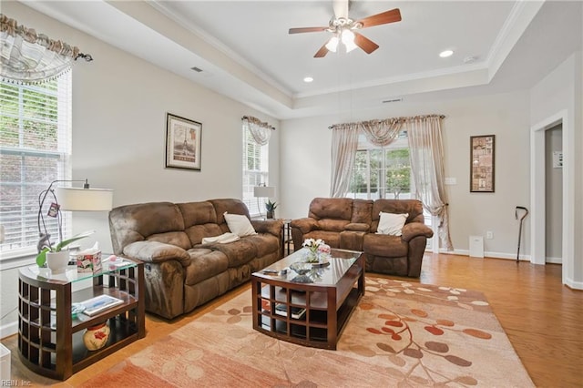 2972 Elegance Ln, Virginia Beach, VA 23456 - living room with ceiling fan, wood finished floors, a tray ceiling, recessed lighting, and ornamental molding
