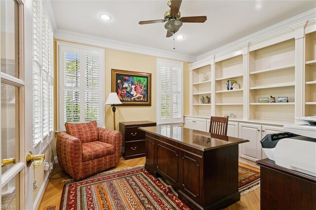 209 St Cuthbert, Williamsburg, VA 23188 - office space featuring a ceiling fan, healthy amount of natural light, light wood finished floors, crown molding, and recessed lighting