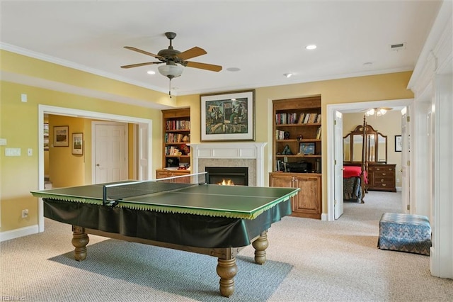 209 St Cuthbert, Williamsburg, VA 23188 - rec room featuring carpet, a warm lit fireplace, ceiling fan, ornamental molding, and baseboards