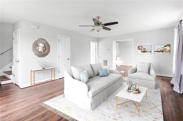 160 Ridge Rd, Poquoson, VA 23662 - living room featuring stairs, wood finished floors, and ceiling fan