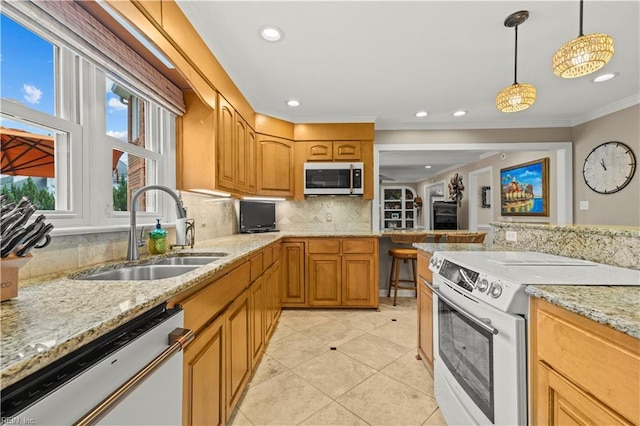 1604 Tether Keep, Virginia Beach, VA 23454 - kitchen with white appliances, tasteful backsplash, ornamental molding, light stone counters, and hanging light fixtures