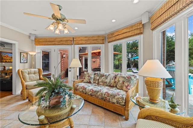 1604 Tether Keep, Virginia Beach, VA 23454 - living area featuring recessed lighting, ornamental molding, ceiling fan, and stone tile floors