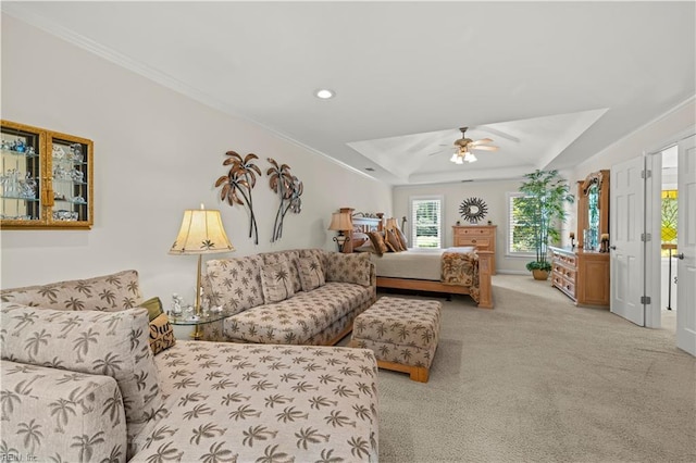 1604 Tether Keep, Virginia Beach, VA 23454 - bedroom with light carpet, a raised ceiling, crown molding, recessed lighting, and a ceiling fan