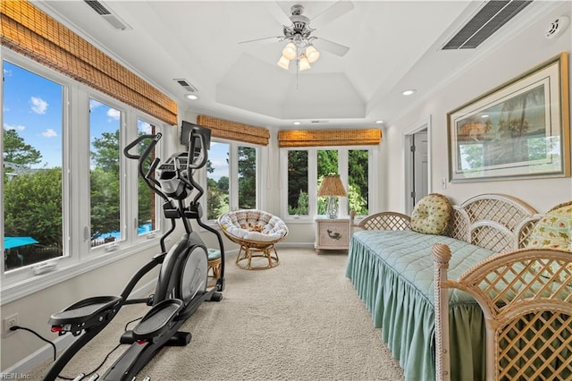 1604 Tether Keep, Virginia Beach, VA 23454 - exercise room featuring a tray ceiling, a ceiling fan, recessed lighting, carpet floors, and ornamental molding