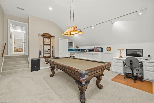1604 Tether Keep, Virginia Beach, VA 23454 - recreation room featuring vaulted ceiling, light colored carpet, billiards, recessed lighting, and a desk