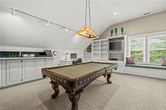 1604 Tether Keep, Virginia Beach, VA 23454 - game room featuring lofted ceiling, light carpet, rail lighting, billiards, and recessed lighting