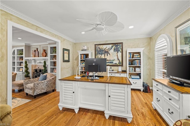 1604 Tether Keep, Virginia Beach, VA 23454 - office area featuring light wood finished floors, ceiling fan, ornamental molding, and recessed lighting