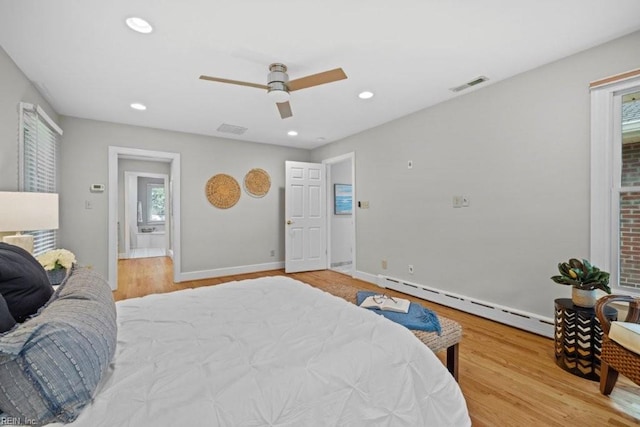1405 Gravatt Ln, Virginia Beach, VA 23454 - bedroom featuring baseboard heating, light wood-type flooring, recessed lighting, and a ceiling fan