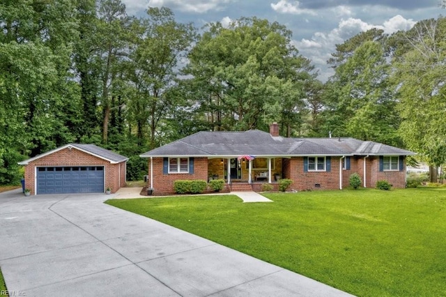 1405 Gravatt Ln, Virginia Beach, VA 23454 - ranch-style house featuring covered porch, an outbuilding, a detached garage, brick siding, and a chimney