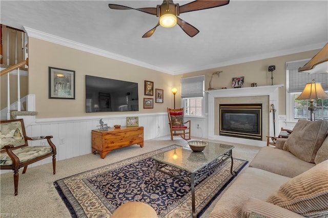1832 Tree Line Rd, Virginia Beach, VA 23454 - living room with carpet, ceiling fan, wainscoting, crown molding, and a glass covered fireplace
