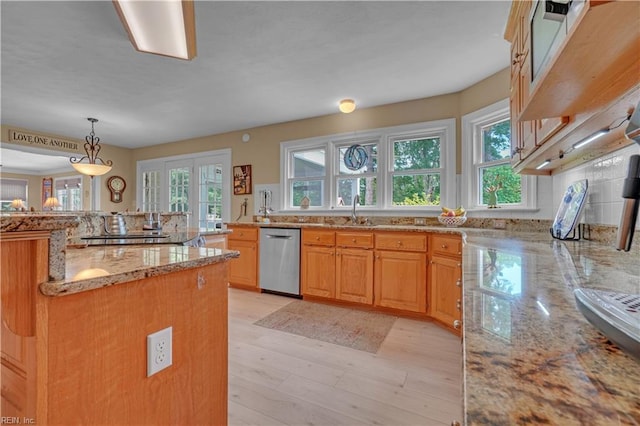 1832 Tree Line Rd, Virginia Beach, VA 23454 - kitchen featuring stainless steel dishwasher, light stone counters, light wood finished floors, and pendant lighting