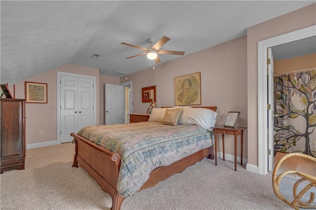 1832 Tree Line Rd, Virginia Beach, VA 23454 - bedroom featuring a closet, light colored carpet, vaulted ceiling, and a ceiling fan