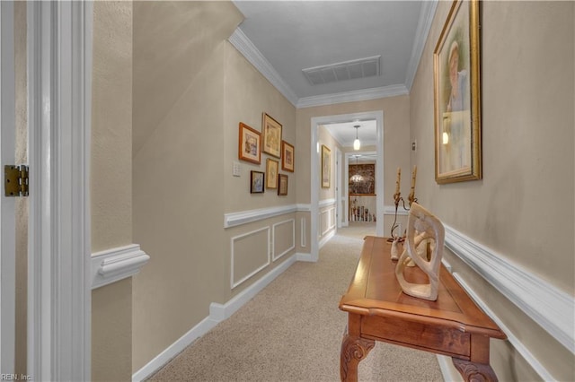 1832 Tree Line Rd, Virginia Beach, VA 23454 - hallway featuring ornamental molding, wainscoting, carpet flooring, and a decorative wall