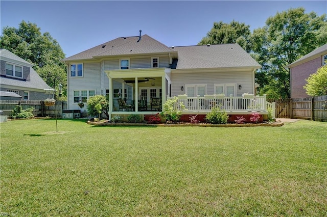 1832 Tree Line Rd, Virginia Beach, VA 23454 - rear view of house featuring a fenced backyard, a ceiling fan, french doors, and a deck