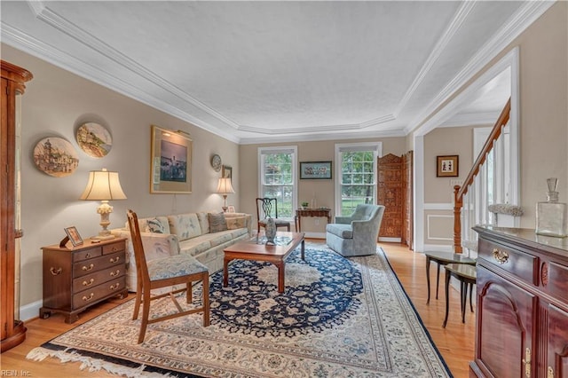 1832 Tree Line Rd, Virginia Beach, VA 23454 - living area featuring light wood-style floors, crown molding, stairs, and wainscoting