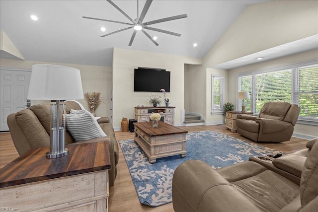 1309 Taft Rd, Chesapeake, VA 23322 - living area featuring lofted ceiling, a ceiling fan, light wood-type flooring, and recessed lighting
