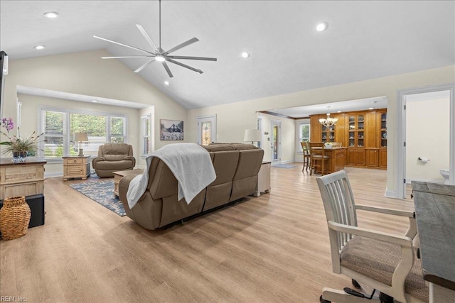 1309 Taft Rd, Chesapeake, VA 23322 - living area with high vaulted ceiling, a ceiling fan, a chandelier, light wood finished floors, and recessed lighting