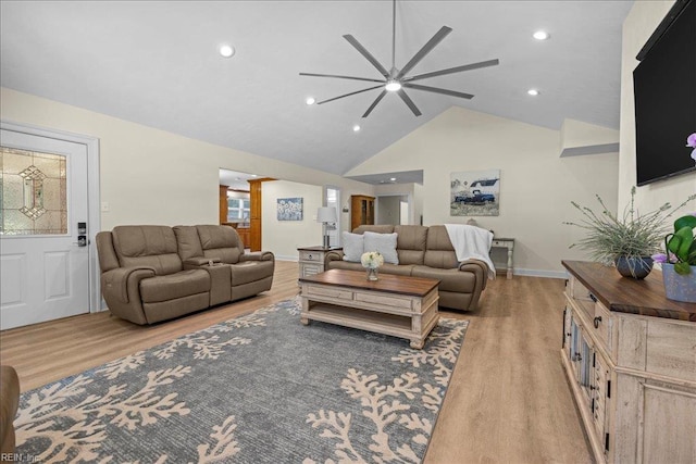 1309 Taft Rd, Chesapeake, VA 23322 - living room with light wood-style floors, a ceiling fan, recessed lighting, and high vaulted ceiling
