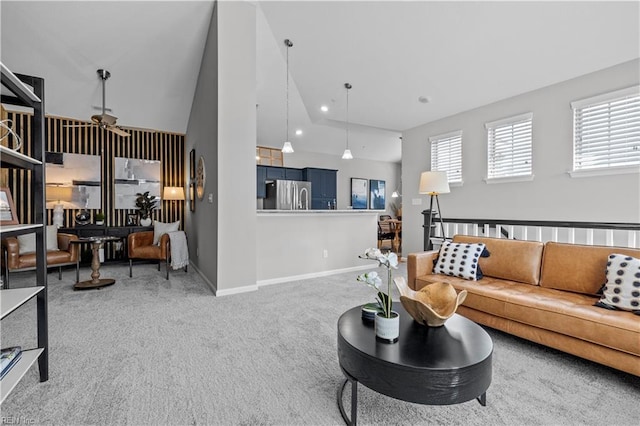 1004 Kathy Ann Way, Carrollton, VA 23314 - living area with carpet, lofted ceiling, ceiling fan, and recessed lighting
