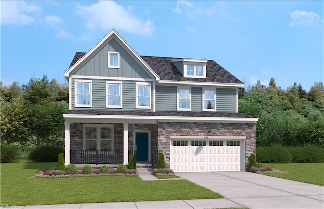 108 Robert Bruce Rd, Poquoson, VA 23662 - craftsman inspired home with a garage, driveway, a front yard, and stone siding