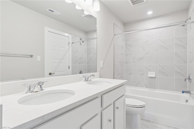 108 Robert Bruce Rd, Poquoson, VA 23662 - full bath featuring double vanity, marble finish flooring, shower / bath combination, and recessed lighting