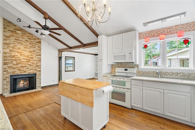 318 Hearthstone Way, Newport News, VA 23608 - kitchen featuring white appliances, ceiling fan, white cabinets, and light wood-style flooring