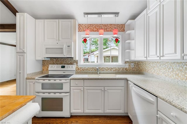 318 Hearthstone Way, Newport News, VA 23608 - kitchen with white appliances, white cabinetry, backsplash, and wood finished floors
