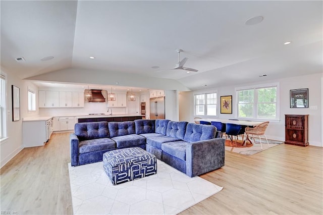5227 Lake Shores Rd, Virginia Beach, VA 23455 - living room featuring lofted ceiling, light wood-type flooring, ceiling fan, and recessed lighting