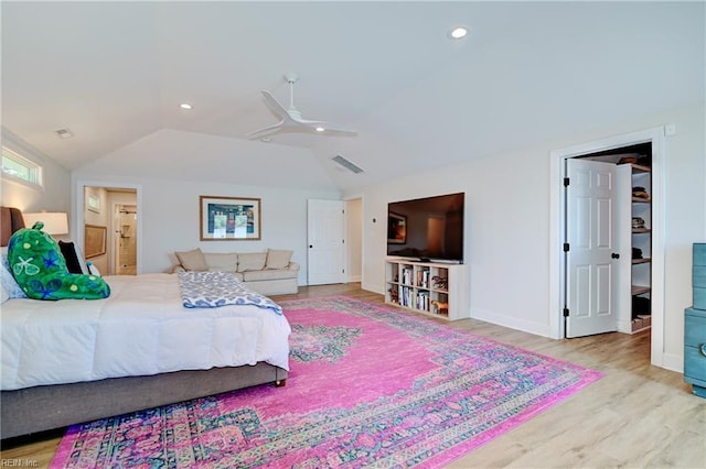 5227 Lake Shores Rd, Virginia Beach, VA 23455 - bedroom with wood finished floors, vaulted ceiling, recessed lighting, ceiling fan, and ensuite bathroom