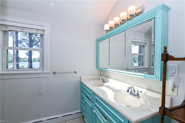 5227 Lake Shores Rd, Virginia Beach, VA 23455 - full bath featuring double vanity, a baseboard radiator, and lofted ceiling