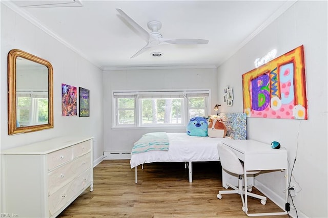 5227 Lake Shores Rd, Virginia Beach, VA 23455 - bedroom featuring crown molding, light wood finished floors, a baseboard radiator, and a ceiling fan