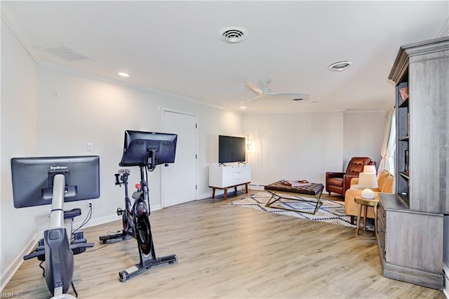 5227 Lake Shores Rd, Virginia Beach, VA 23455 - exercise area with ornamental molding, light wood-style floors, ceiling fan, recessed lighting, and a baseboard heating unit