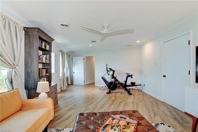 5227 Lake Shores Rd, Virginia Beach, VA 23455 - workout room with ornamental molding, healthy amount of natural light, light wood finished floors, recessed lighting, and ceiling fan