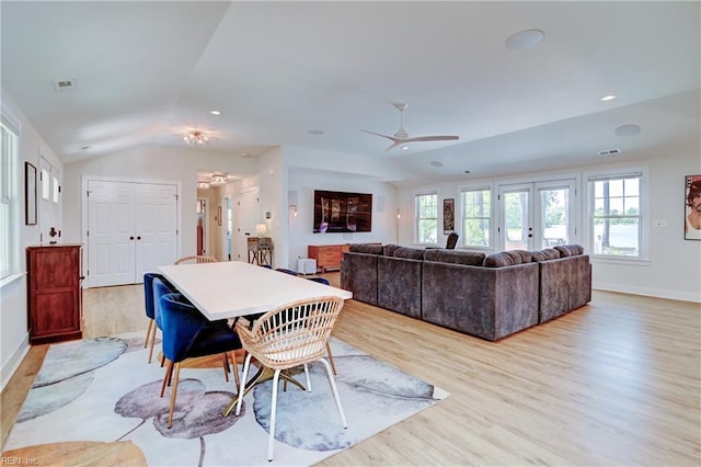 5227 Lake Shores Rd, Virginia Beach, VA 23455 - dining space with vaulted ceiling, healthy amount of natural light, light wood-style floors, a ceiling fan, and recessed lighting