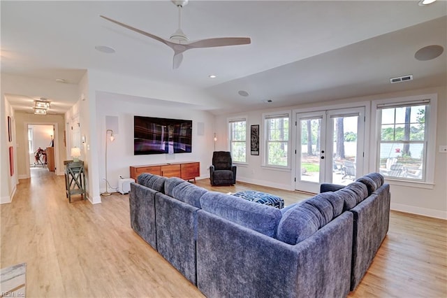 5227 Lake Shores Rd, Virginia Beach, VA 23455 - living area with light wood finished floors, ceiling fan, french doors, and recessed lighting